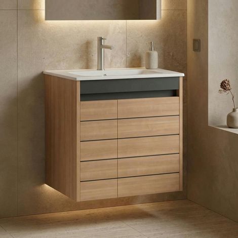 Meuble vasque suspendu 60 cm décor chêne 2 portes AÏGA (1/5)