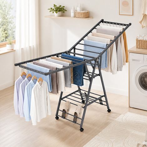 FIANAO – Wäschetrockner – Wäscheständer – faltbar, stehend mit Rollen & Schuhablage – bis 90 kg Tragkraft, Metall – für Innen & Außen – Maße: 180 × 45 × 98 cm – Schwarz (1/5)