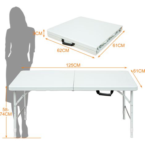 Tavolo pieghevole portatile 125 x 61 cm, altezza regolabile 58-74 cm, con maniglia, bianco HAVRYA (1/4)
