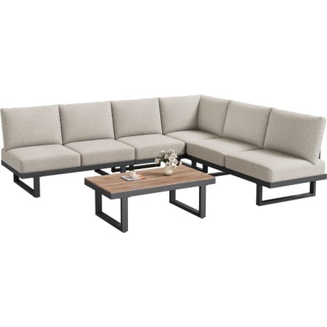 Garten Lounge Set Graubeige, Ecksofa Garten Set mit Couchtisch, Modulares Gartenmöbel Set aus Verzinktem Stahl, Zum Liegebett Umwandelbar