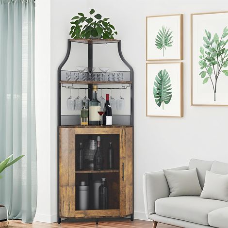 Meuble bar d’angle 154,94 cm style ferme éclairage LED, 5 niveaux porte-bouteilles amovible support verres (1/5)