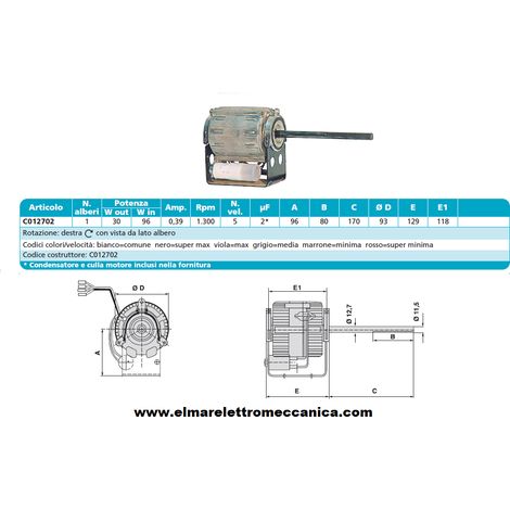 RPM C012702 Motore 96 W MONOALBERO 5 Velocità aspiratore VENTILATORE