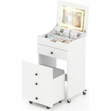 COSTWAY Set Toeletta da Trucco con Luci, Tavolo Trucco con Cassetti e Sgabello, Specchio Ribaltabile, Spazio Contenitore, per Soggiorno Camera da Letto