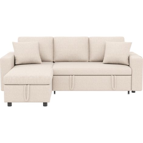 Divano letto angolare L con funzione letto, contenitore e tasche laterali, beige (1/5)