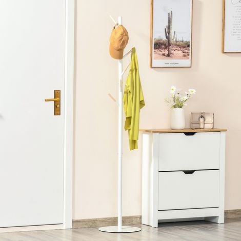HOMCOM Freistehende Garderobe aus Holz mit 6 Haken für Kleidung und Taschen, geeignet für Wohnzimmer, Eingangsbereich und Schlafzimmer, 35 x 35 x 174 cm, Weiß