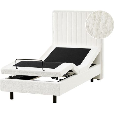 Electric Bed Off-White EU Single 3ft Remote Control Adjustable Boucle Upholstery CASTELLAN