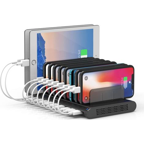 60W 10 Ports Station de Charge USB avec Cloisons réglables. Charge intelligente. Protection intégrée. Idéal bureau, école (1/5)