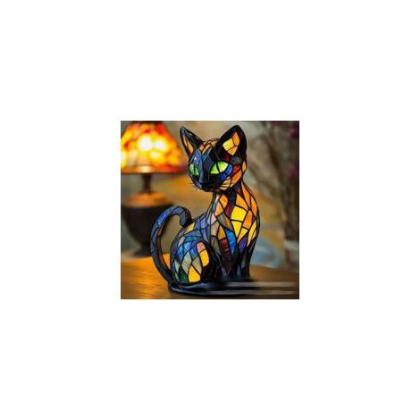 Lámpara de mesilla de noche con diseño de gato en vitral – Luz nocturna decorativa LED de colores – Resina ecológica – Iluminación suave para el dormitorio – Crezuo