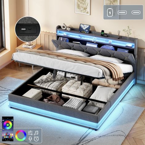 6ft Super King Upholstered Bed Frame with Hydraulic Storage, LED Headboard with Charging Station and Concealed Headboard Storage, USB and Type - C Ports, Linen, Grey (No Mattress)