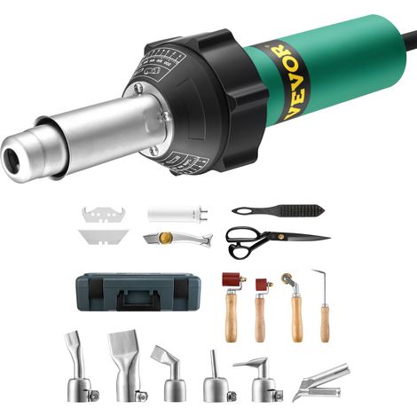 VEVOR Soudeur Plastique a Air Chaud, 1600 W, Pistolet Thermique PVC 50°C-600°C, Kit Soudage de Toiture en Plastique, avec 17 Accessoires, Boite a Outils, Buses, Rouleau, Lames, pour Film PP PE PVC