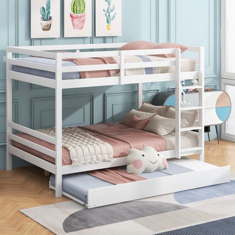 Lit superposé 140x200cm avec lit gigogne et escalier design épuré bois robuste blanc (Sans matelas) (1/5)