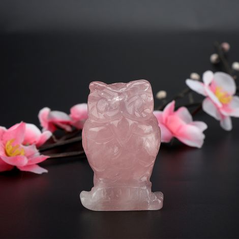 Chouette sculptée en quartz rose, pierre de guérison en cristal rose, décoration en pierre précieuse (5 cm) (1/5)