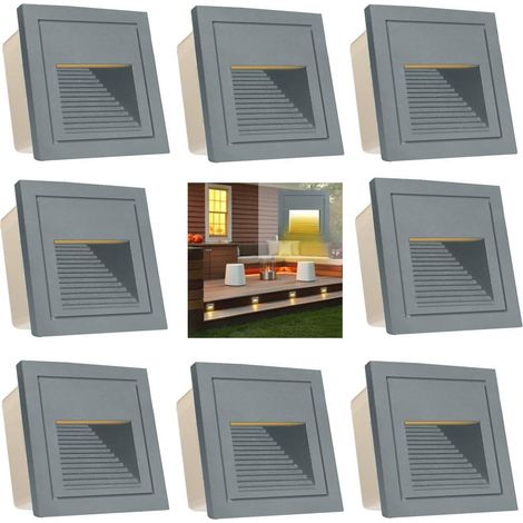 Lot de 8 Applique Murale LED Encastrable 3W Blanc chaud IP65 Étanche 3000K Éclairage d'Escalier extérieur, Eclairage de Marche Lampe en Aluminium 230V Boîtier Gris Lumières de Marche (1/5)