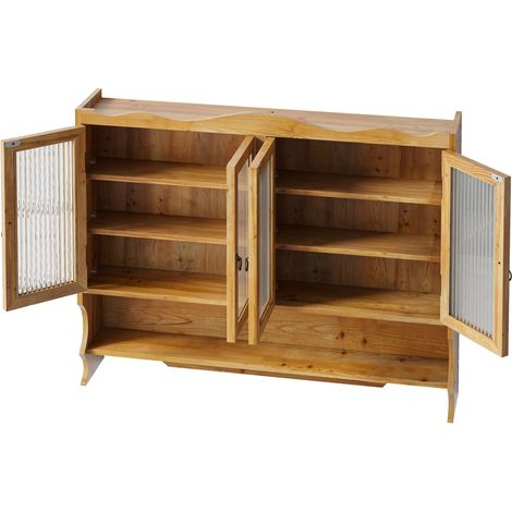 Wandschrank Retro mit 4 Türen, 2 Ebenen und Offener Hakenleiste, aus Massivholz und Glas, 100×20×80 cm, Natur (1/5)