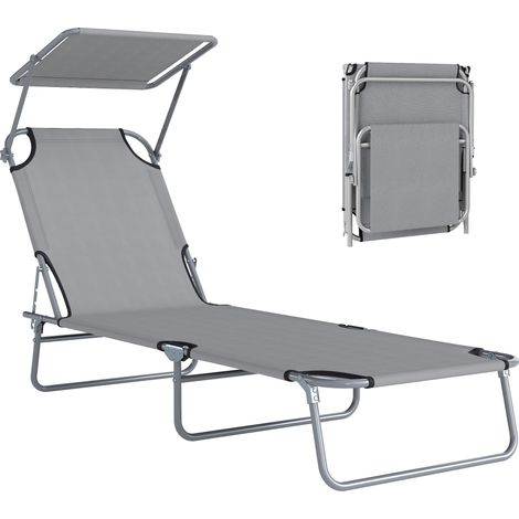 Transat de jarden pliable avec auvent et dossier enclenable pour terrasse, campeng, 187 x 58 x 36 cm, gris clair (1/5)
