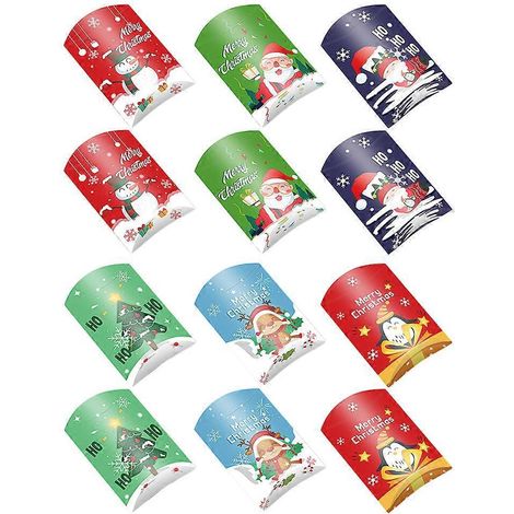 Lot de 12 boîtes cadeaux de Noël en forme de coussin, pour bonbons et biscuits (style aléatoire).-20.5X12X0.1CM
