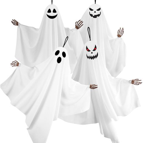 Lot de 4 fantômes suspendus effrayants avec des mains de squelette, décoration d'Halloween pour porche et arbre, expression sinistre pour une ambiance de jardin effrayante (1/5)