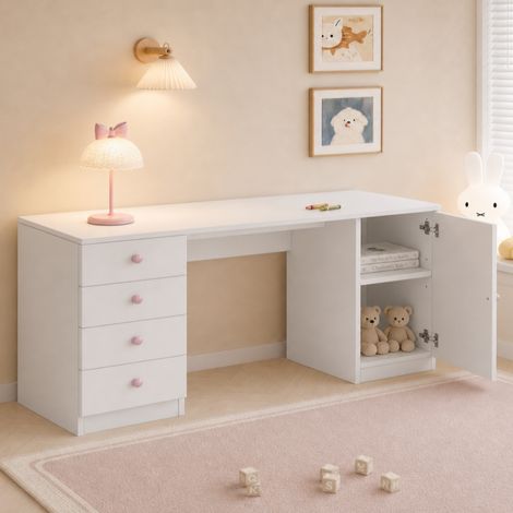 Escritorio infantil 155x45x74 cm, 4 cajones y estante, pomos cerámicos rosas, MDF blanco