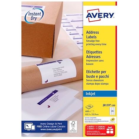 Etiquettes adresses jet d'encre 63,5 x 33,9 mm Avery J8159-100 - Boîte de 2400 (1/4)