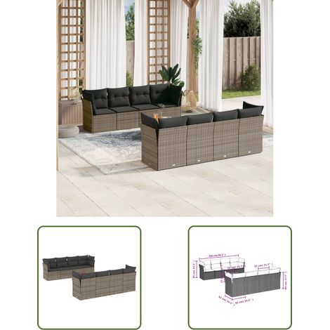 The Living Store 9-tlg. Garten-Sofagarnitur mit Kissen Grau Poly Rattan - Gartensortiment - Outdoor Möbel - Lounge Set - Gartenlounge - Esstischset (1/3)