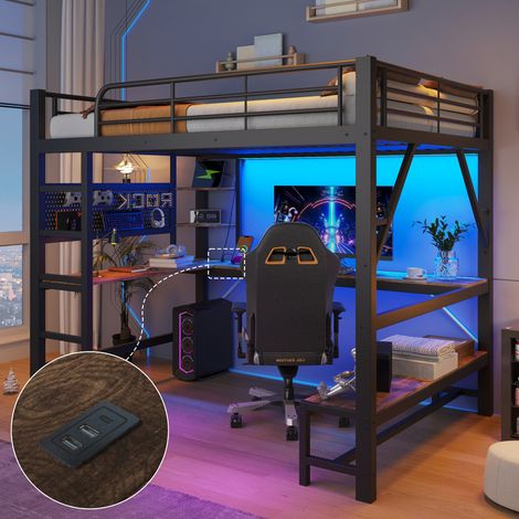 Lit mezzanine, lit enfant 160x200 cm, bureau, garde-corps, échelle, plusieurs étagères, prise USB et USB-C, LED, panneau perforé, sans matelas, noir (1/5)