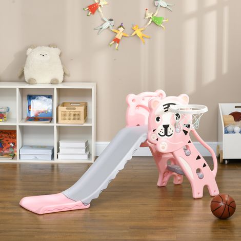 Kinderrutsche, Indoor-Kinderrutsche mit Basketballkorb, Tigermotiv, für Kinder von 18 bis 36 Monaten, rosa