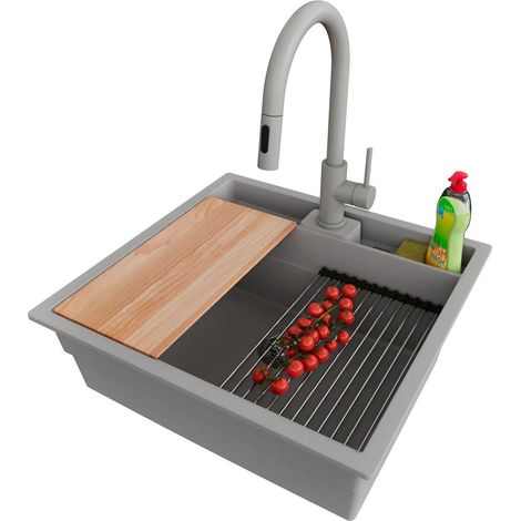 PRIMAGRAN Evier Sous Plan 56x54cm,Evier en Granit 1 bac + Robinet 40x20cm + Kit de Vidage + Accessoires, Évier au meuble 60cm - Bergen Pocket, Gris