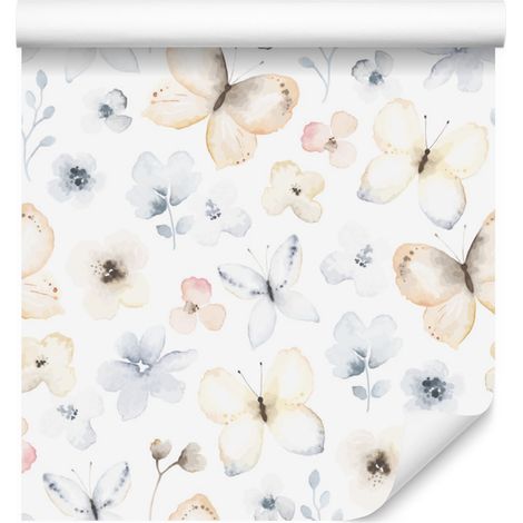 Papel pintado de mariposas, flores y plantas para salón y dormitorio, 50x1000 cm. (1/5)