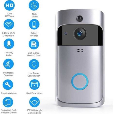 Sonnette vidéo sans fil étanche - 720p WiFi avec carillon, vision nocturne infrarouge-AquaForge