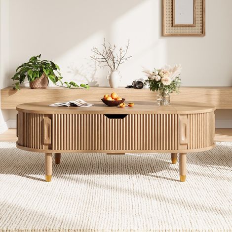 Couchtisch höhenverstellbar oval 110x48x57cm mit stauraum für wohnzimmer - vintage hubtisch mit geriffelten schiebetüren aus mdf und gummibaumholz