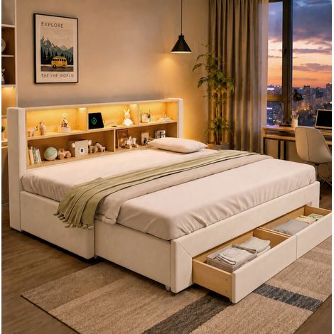 Lit gigogne 90x200 cm beige en velours avec tiroirs, LED et ports USB-C (1/5)