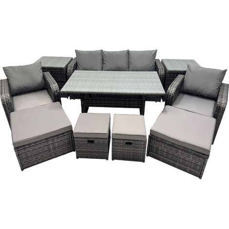 Fimous 8 Seat Outdoor Wicker PE Rattan Garden Furniture Set Dining Table Sofa Set with 4 Stools 2 Side Tables Dark Grey Mixed (1/5)