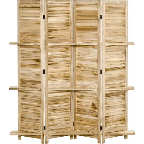 HOMCOM 4-teiliger Faltraumteiler mit 3 Klappregalen und Lamellentüren, Paulownia-Holz mit druckimprägnierter Kieferoberfläche