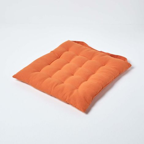 HOMESCAPES Burnt Orange Plain Seat Pad with Button Straps 100% Cotton 40 x 40 cm