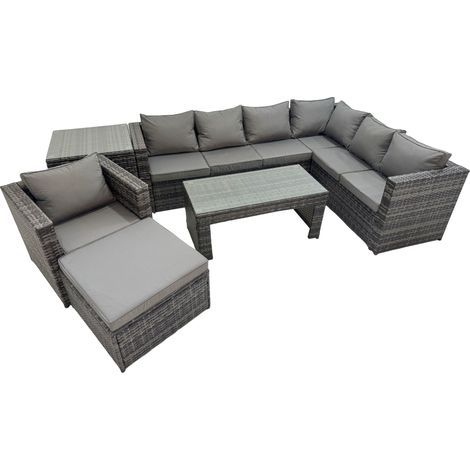 Fimous Outdoor Rattan Oblong Coffee Table Corner Sofa Sets Garden Furniture Set with Chair Big Stool Side Table Dark Grey Mixed (1/5)
