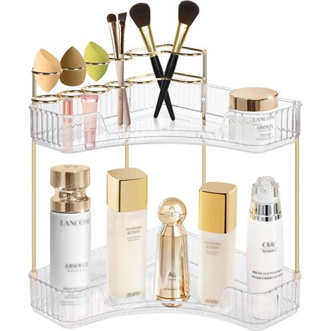 Makeup and Cosmetic Organizer: 2-Tier Transparent Corner Beauty Organizer, Adjustable Multifunctional Skincare Organizer for Makeup, Bathroom, Vanity (1/5)