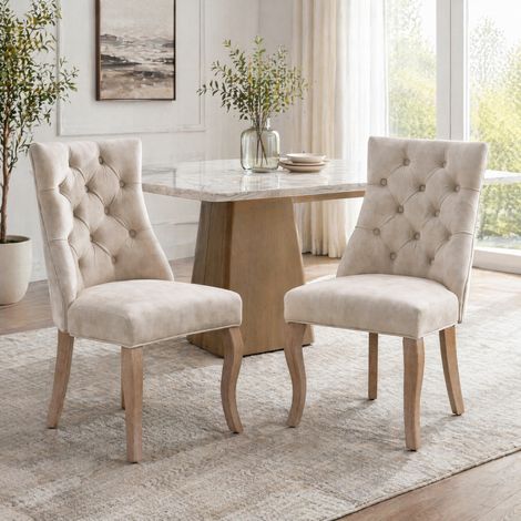 Chaises de salle à manger en velours, lot de 2, dossier haut capitonné, beige clair HAVRYA (1/5)