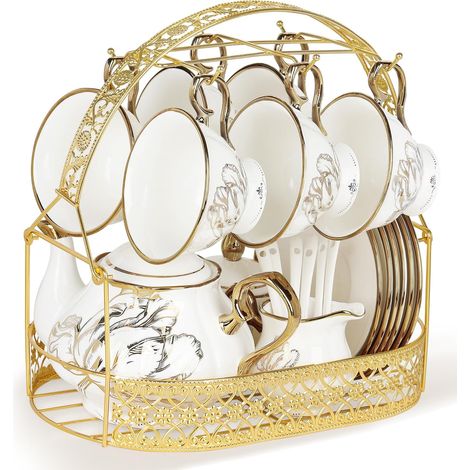 21 Pièces Service à Thé en Porcelaine, Service à Thé d'or Floral avec Bord d'or, Tasse à Café et Soucoupe Ensemble avec Cuillère Stand pour les Femmes de Mariage (1/5)