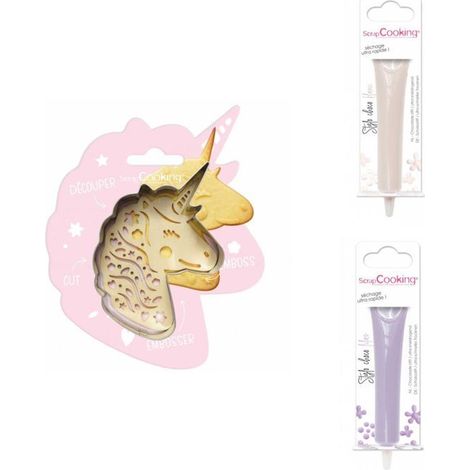 Kit pour biscuit en relief Licorne + 2 Stylos au chocolat blanc et lilas