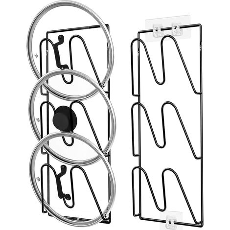 Support mural pour couvercles de casseroles V-Wall, lot de 2, noir Organisateur de couvercles pour placard ou rangement mural/de porte de cuisine, fixation adhésive sans perçage pour couvercles épais (1/5)