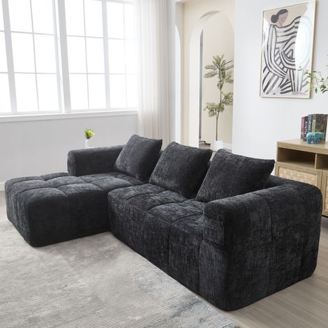 Canapés, fauteuil avec coussins, tissu chenille, noir, canapé d'angle, canapé 3 places, 250x158x60cm (1/5)
