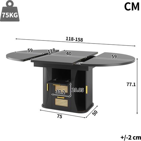 Table extensible avec rangement, 118-158cm, tiroirs en rotin, aspect bois MDF, noir/naturel/brun (1/5)