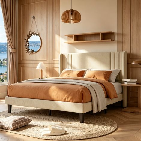 Lit 140x200 Double pour Adultes, lit deux personnes, lit capitonné, Lit rembourré 2 places en lin, beige, MDF, sans matelas, mobilier de chambre moderne (1/5)