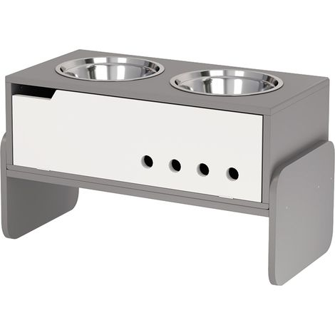 Hundenapf erhöht, 3 Stufig Höhenverstellbar Futternapf für Hunde mit Stauraum, Anti-Schling-Matte, Fressnapf mit 2 x 2L Edelstahl-Schüsseln, für mittelgroße bis extra große Hunde, Grau