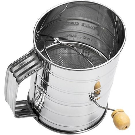 Setaccio manuale in acciaio inox con graduazioni per ingredienti secchi, ideale per ricette di torte e altri piatti. (1/5)