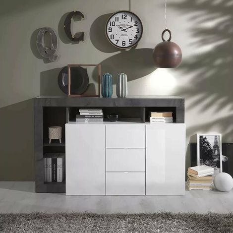 Dmora - Credenza Atlantica, Buffet da soggiorno, Madia da salotto, Dispensa da cucina, Made in Italy, 146x42 h93 cm, Bianco lucido e Ardesia (1/3)