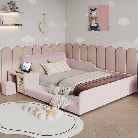 Letto bambino 140x200 cm con scrivania, sgabello e ripiano, velluto rosa DESVIAE (1/5)