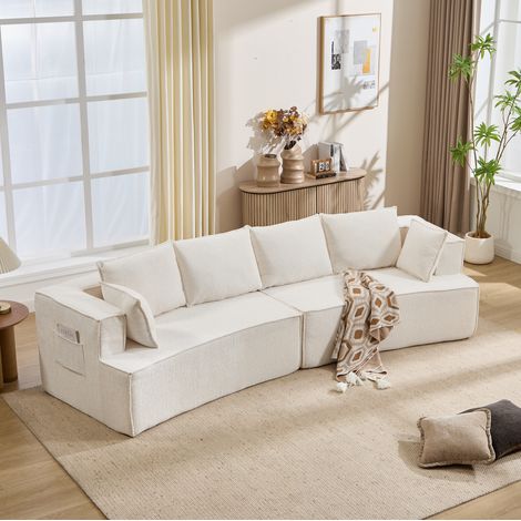 Canapé modulable 302x115x65 cm en velours blanc, moderne, pour salon FLORAGRACE (1/5)