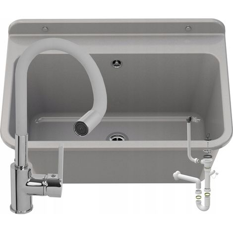 Évier utilitaire 61 × 41 cm gris avec robinet de cuisine Grado à bec flexible, siphon, kit de montage et flexibles inclus, Large