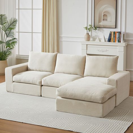 Sofá 3 plazas en forma de L con tres cojines Ideal para salón y dormitorio No requiere montaje beige (1/5)
